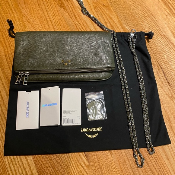 NWT Zadig & Voltaire Rock Leather Shoulder Bag in Kaki Green - Picture 8 of 10